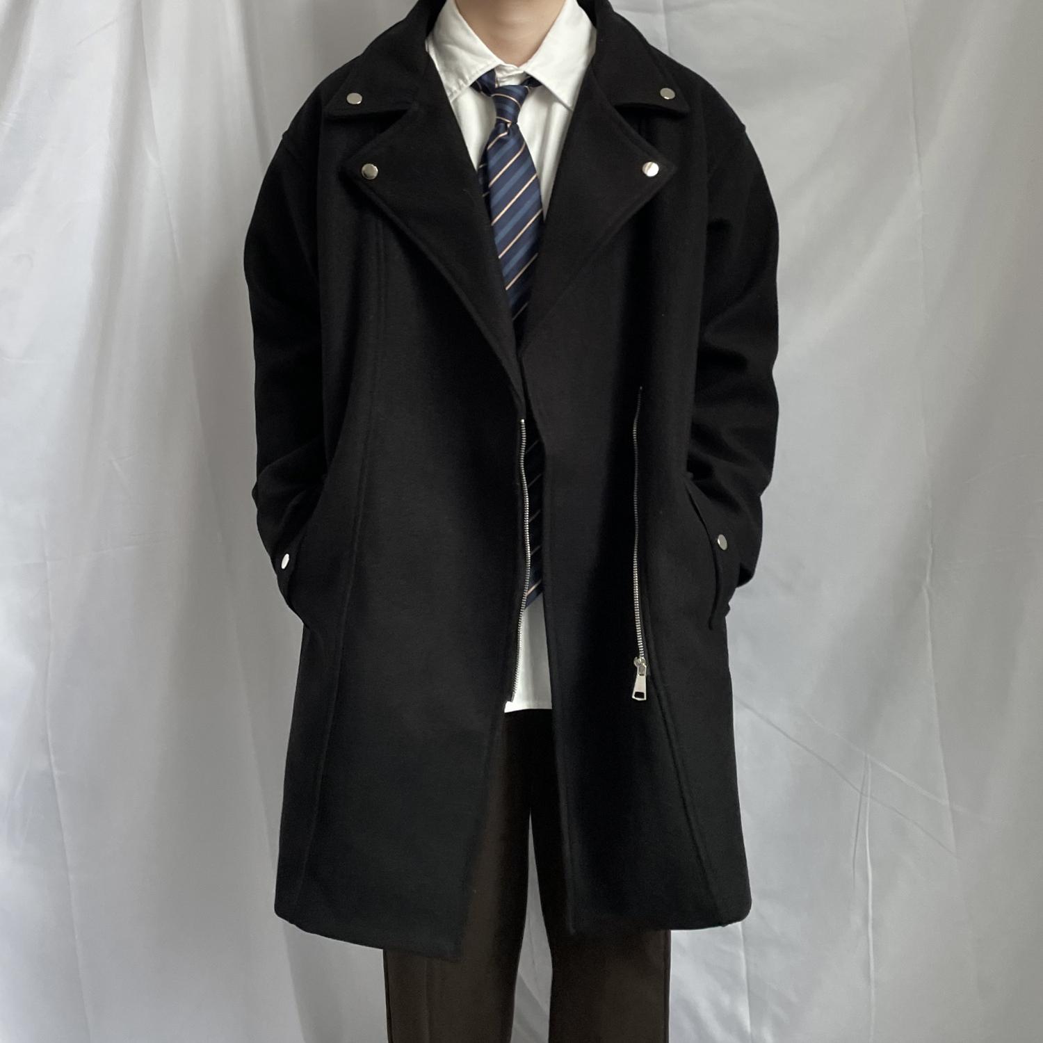 上野 黑色加厚中长款大衣2024新款休闲宽松男士拉链潮牌呢子外套