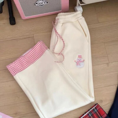 美式猫咪休闲卫裤女秋冬季2025新款加绒加厚宽松直筒阔腿运动裤子