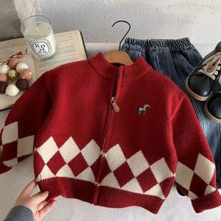 儿童针织开衫毛衣2025男女童冬款加厚外套中小童红色新年拉链上衣