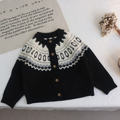 复古拼色针织毛线开衫 男女童时尚 外套 儿童毛衣2026春秋款 韩国童装