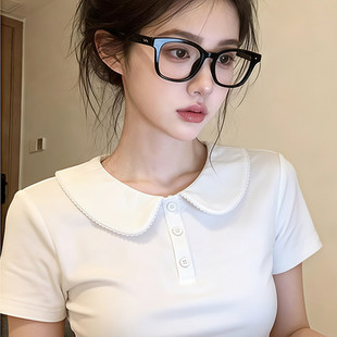 白色正肩短袖T恤女2026夏季新款娃娃领修身显瘦休闲短款纯棉上衣