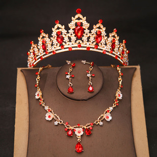 红色皇冠三件套头饰结婚新娘敬酒服礼服耳环项链发饰新款订婚饰品