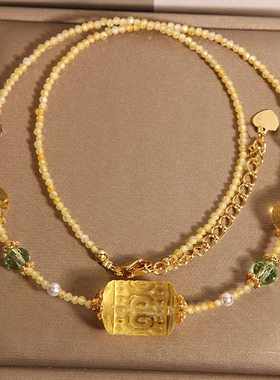 新中式天然黄水晶回纹桶珠项链女款轻奢小众高级感锁骨链复古配饰