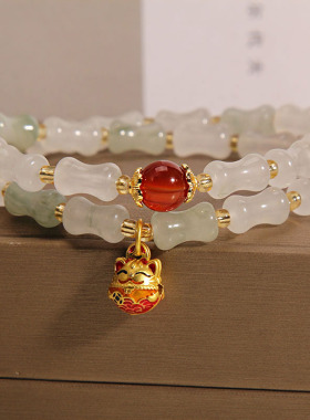 金丝玉双圈竹节手链女招财猫手串