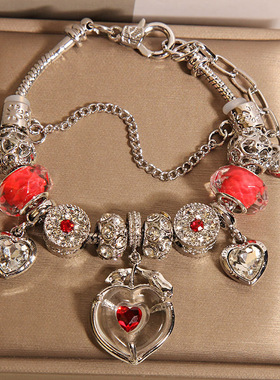 新中式红色琉璃珠手链女轻奢小众高级感气质百搭爱心吊坠手串手环