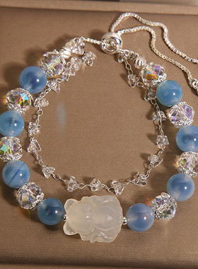 蓝色糖心玛瑙手链女款轻奢小众玉髓九尾狐叠戴手串送女友闺蜜礼物