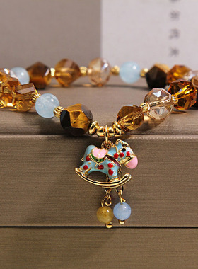 美拉德虎眼石海蓝宝串珠手链新中式蓝色小马吊坠复古小众百搭手串