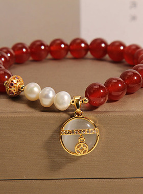 本命年复古红玛瑙手链女珍珠手串