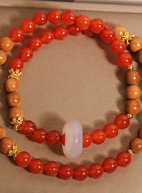 新中式红玛瑙双圈手链女轻奢小众高级感库克跑环叠戴水晶手串手环