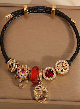 潘家红色琉璃珠发财树皮绳手链女