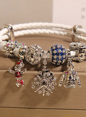 潘家蓝色璀璨星月白色皮绳手镯女轻奢小众精致高级感雪花吊坠手链