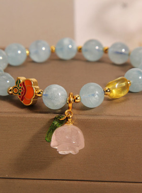 海蓝宝水晶手链女粉晶花朵手串