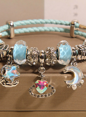 新中式蓝色琉璃珠手链女轻奢小众高级感时尚百搭星月吊坠手串手镯