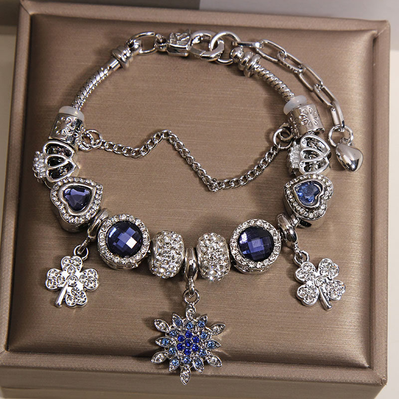 蓝色琉璃珠小众轻奢雪花手链精致百搭潘家风格手串复古高级感手饰