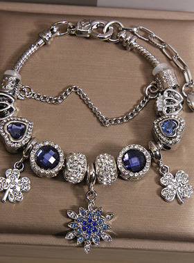 蓝色琉璃珠小众轻奢雪花手链精致百搭潘家风格手串复古高级感手饰