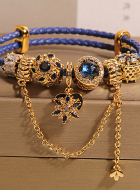 新中式蓝色皮绳手链女款轻奢小众高级感气质百搭微镶雪花吊坠手串