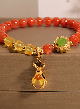 冰飘南红玛瑙钱袋手链女蜜蜡手串