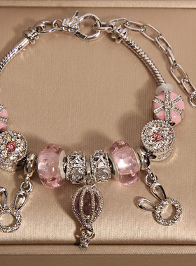 粉色琉璃珠手链女可爱兔子手串