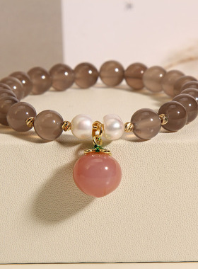 天然灰玛瑙水晶手链女水蜜桃手串