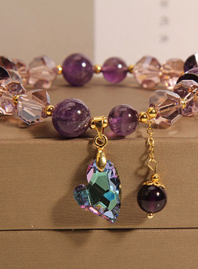 紫色水晶手链女爱心水滴吊坠手串