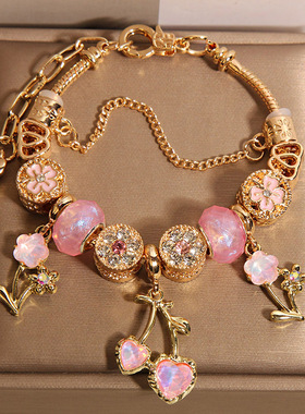 新中式粉色琉璃珠手链女轻奢小众精致高级感气质花朵樱桃吊坠手串