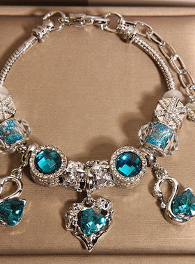 新中式蓝色琉璃珠爱心手链女轻奢小众高级感气质百搭天鹅手串手环