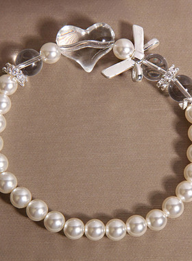 天然白水晶爱心蝴蝶结手链女款轻奢小众精致高级感千金风珍珠手串