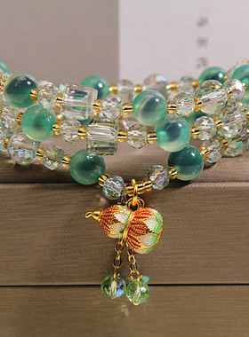 天然绿色糖心玛瑙多层手链女轻奢小众高级感葫芦吊坠招财水晶手串