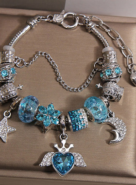 蓝色琉璃珠天使爱心吊坠手链女轻奢小众高级感星星月亮复古风手串