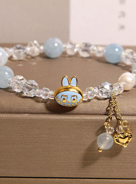 新中式海蓝宝水晶手链女轻奢小众精致百搭卡通兔子手串高级感手饰