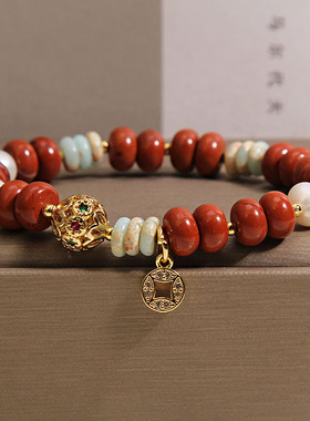 新中式红石算盘珠手链女国风寿山石算盘珠手串招财钱币吊坠手饰品
