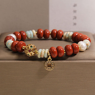 新中式红石算盘珠手链女国风寿山石算盘珠手串招财钱币吊坠手饰品