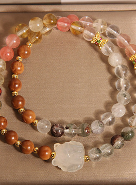 新中式绿幽灵库克多宝水晶双圈手链女轻奢小众叠戴玉髓九尾狐手串