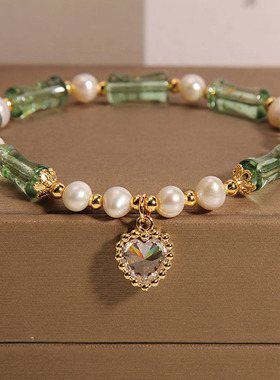 新中式绿色琉璃竹节拼接珍珠手链