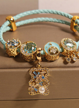 新中式蓝色皮绳星月手链女款轻奢小众高级感气质百搭小熊手串手环