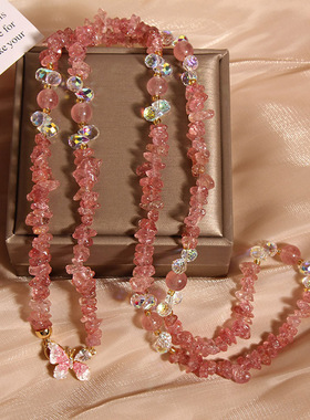 天然草莓晶碎石项链女轻奢小众精致百搭水晶长款毛衣链高级感配饰