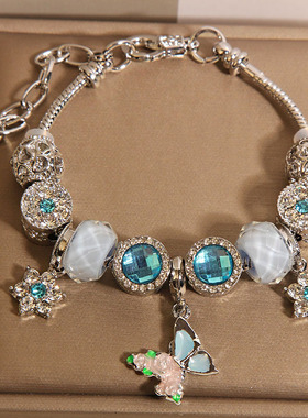 新中式蓝色琉璃珠潘家手链女轻奢小众精致高级感气质蝴蝶吊坠手串