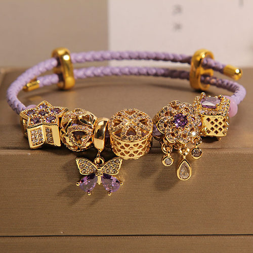 潘家紫色皮绳手镯女蝴蝶星星手串