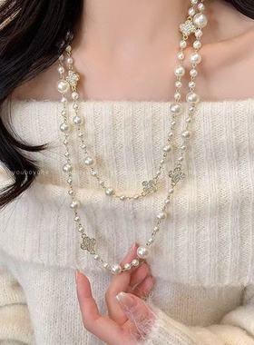 夏日长款双层叠戴珍珠项链女法式高级感小香风轻奢气质毛衣链配饰