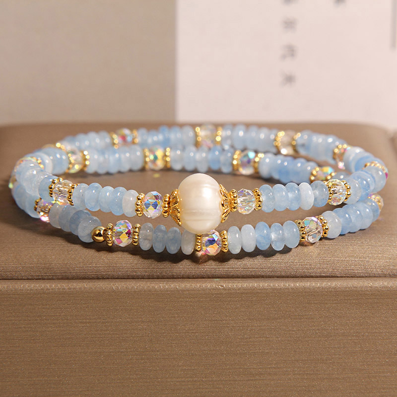 天然海蓝宝算盘珠双圈手链女轻奢小众精致珍珠叠戴手串高级感手饰