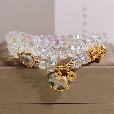 新中式双圈白水晶算盘珠手链女轻奢小众精致马上有钱招财葫芦手串