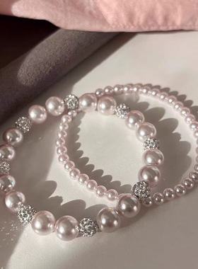 法式轻奢叠戴手串曼塔玫瑰冷调粉紫珍珠手链小众设计感精致手饰女