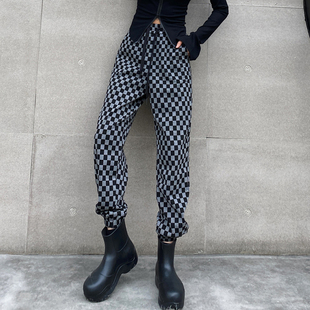 新款 女春秋季 高腰显瘦哈伦裤 ins潮束脚休闲裤 黑蜡 垂感卫裤 格子裤