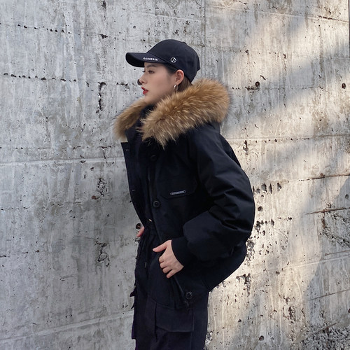 新款INS子大毛领工装羽绒服