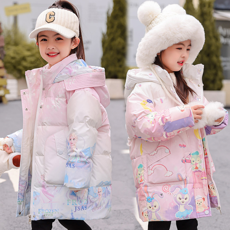 巴拉橙中长款儿童羽绒服女童2025新款中小童冬装卡通洋气加厚外套