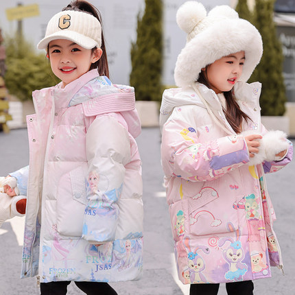 巴拉橙中长款儿童羽绒服女童2025新款中小童冬装卡通洋气加厚外套