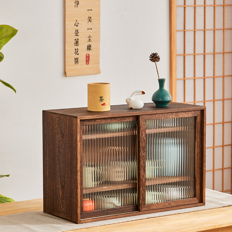 实木茶具收纳盒桌面置物架收纳柜移门茶叶柜防尘玻璃推拉门茶杯柜,收纳整理,茶具收纳盒,淘宝优惠券,粉丝福利购,淘宝优惠卷
