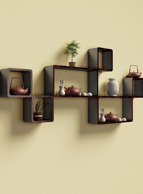 墙上置物架 客厅电视背景墙装饰架 壁挂古玩茶具架 实木小博古架