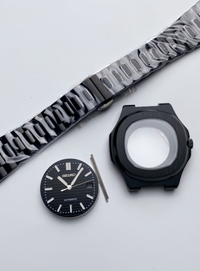 41MM手表改装表壳黑色鹦鹉螺表壳表带字面针套装蓝宝石适NH35机芯