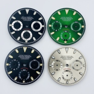 新款VK63石英机械能表盘29.5MM三眼迪熊猫表盘字面绿夜光适装VK63